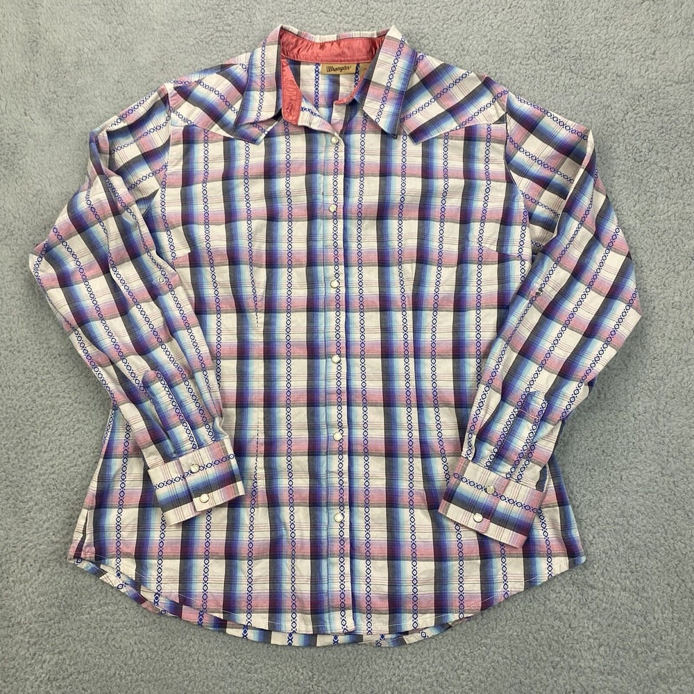 Wrangler Shirt Womens Size Large Pink Blue Pearl Snap Western Cowgirl Rodeo